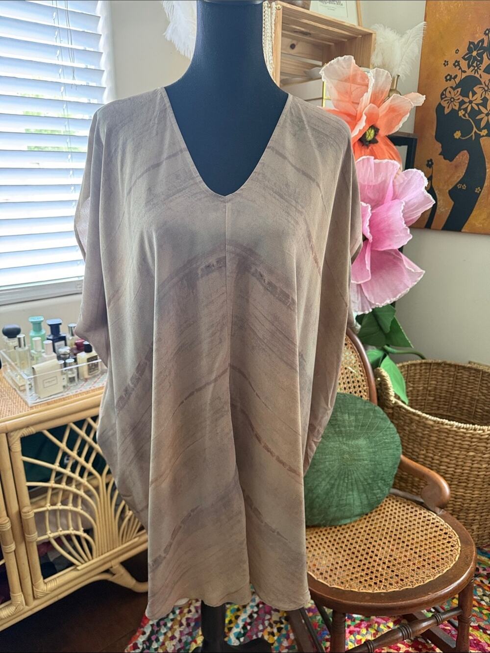 Eileen Fisher Mocha Grove Printed Silk Classy Resort Chic Tunic Top Mini Dress